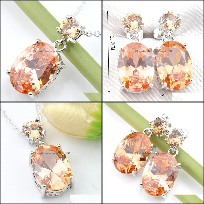 Easter Gift 2 Pieces 1 Set Champagne Morganite Gems Silver Women`s Oval Zircon Pendants Stud Earrings Jewelry Sets