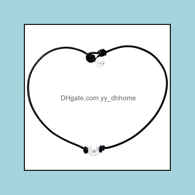 Women Single Pearl Leather Choker Necklace on Genuine Black Leather Cord Pendant Jewlerry for weeding Necklaces