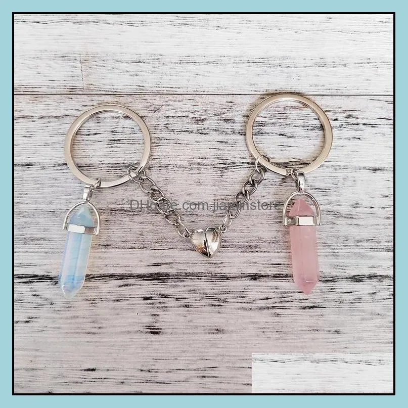 Lover Natural Crystal Rose Quartz Stone Key Ring Love Heart Magnetic Keychains For Couple Friend Gifts DIY Handmade Jewelry Keyrings