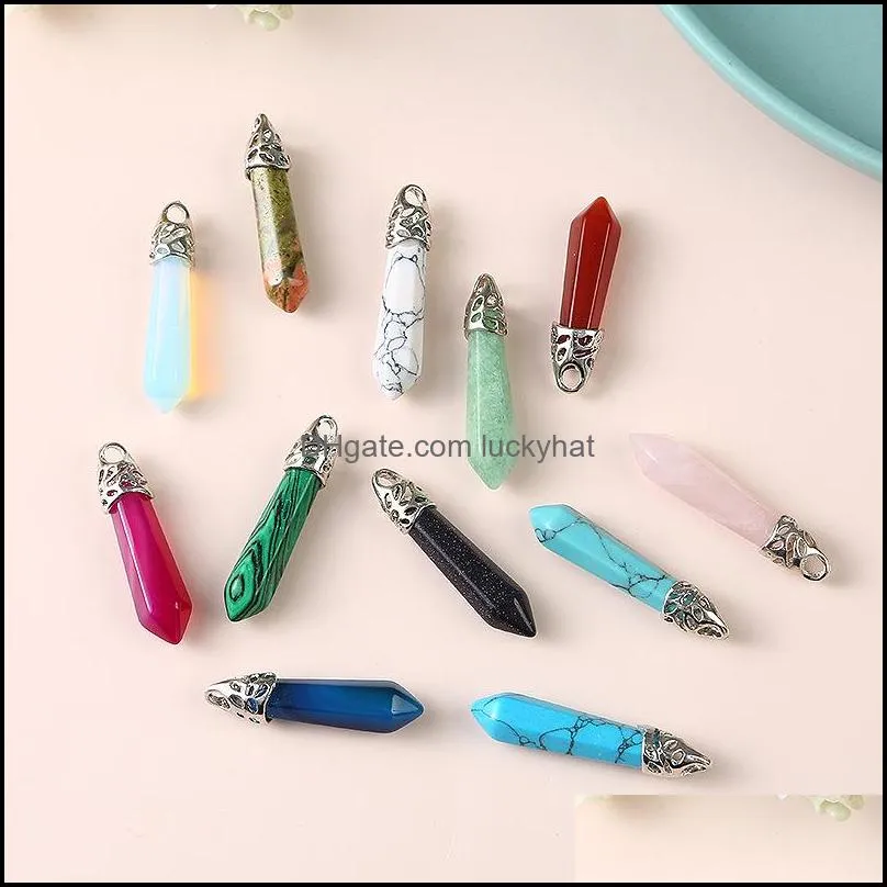 8x32mm Hexagon Prism Rose Quartz Crystal Stone Charms Pendant Natural Crystal Bead Pendants for Jewelry Making