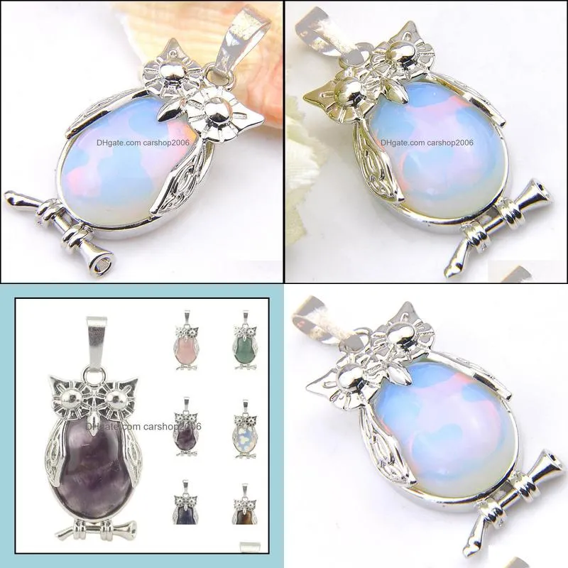 Wholesle 5 Pcs Vintage Owl Pendants Natural Moonstone Amethyst Gems Silver USA Israel Wedding Engagement Necklace Pendants