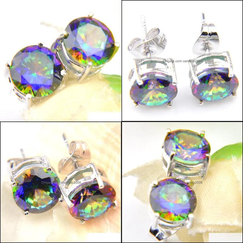 6 Pairs Gentle Round Shiny Colored Mystic Topaz Gems 925 Sterling Silver Plated Stud Earrings Russia Canada Stud Earrings