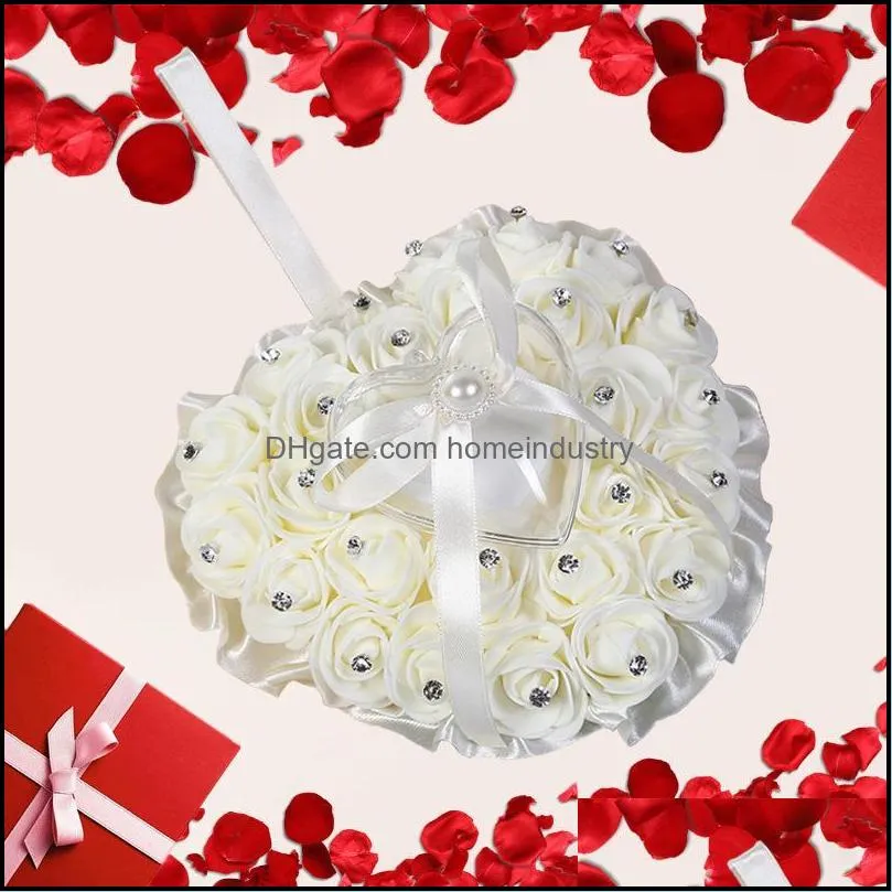 party decoration rose flower heart-shape ring box pearl rhinestone jewelry gift case romantic valentine`s day wedding pillow cushion