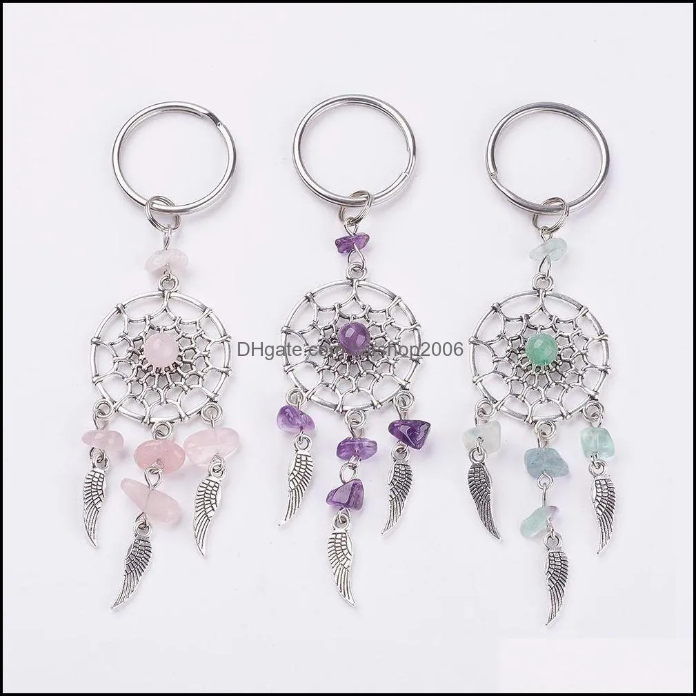 Crystal Chips Dream Catchers Metal Tassel Wings Healing Keychain Keyring Pink Quartz Amethyst Green aventurine