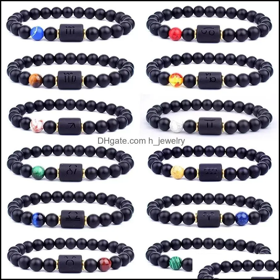 12 Constellation Bracelets Men Black Stone Bead Strands Bracelet Star Sign Zodiac Horoscope Lover Couple Bracelet Friendship Jewelry