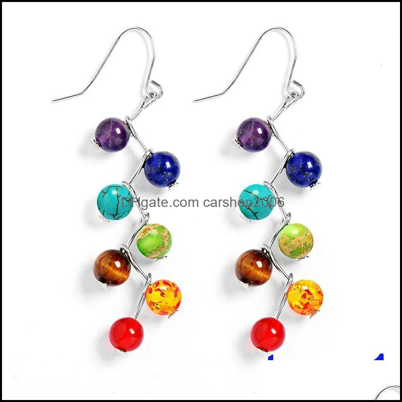 Natural Rock Yoga Healing 7 Chakras Earrings Colorful Woman Earring Fashion 6mm Stone Bent Needle Shape Ladies Earrings Accessories