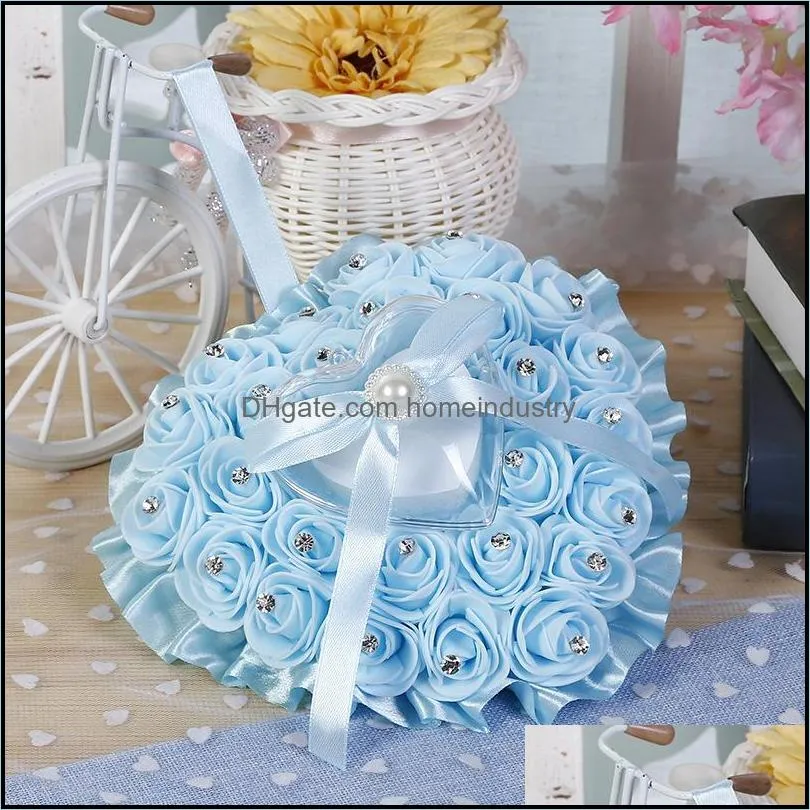 party decoration rose flower heart-shape ring box pearl rhinestone jewelry gift case romantic valentine`s day wedding pillow cushion