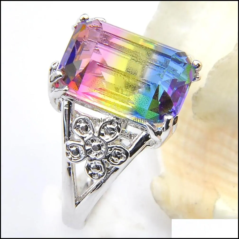 Rainbow Multi 2Pcs/Lot Rings Pendants Sets rectangle Bi colored Tourmaline Vintage 925 silver Chain Necklaces Jewelry For Women Holiday