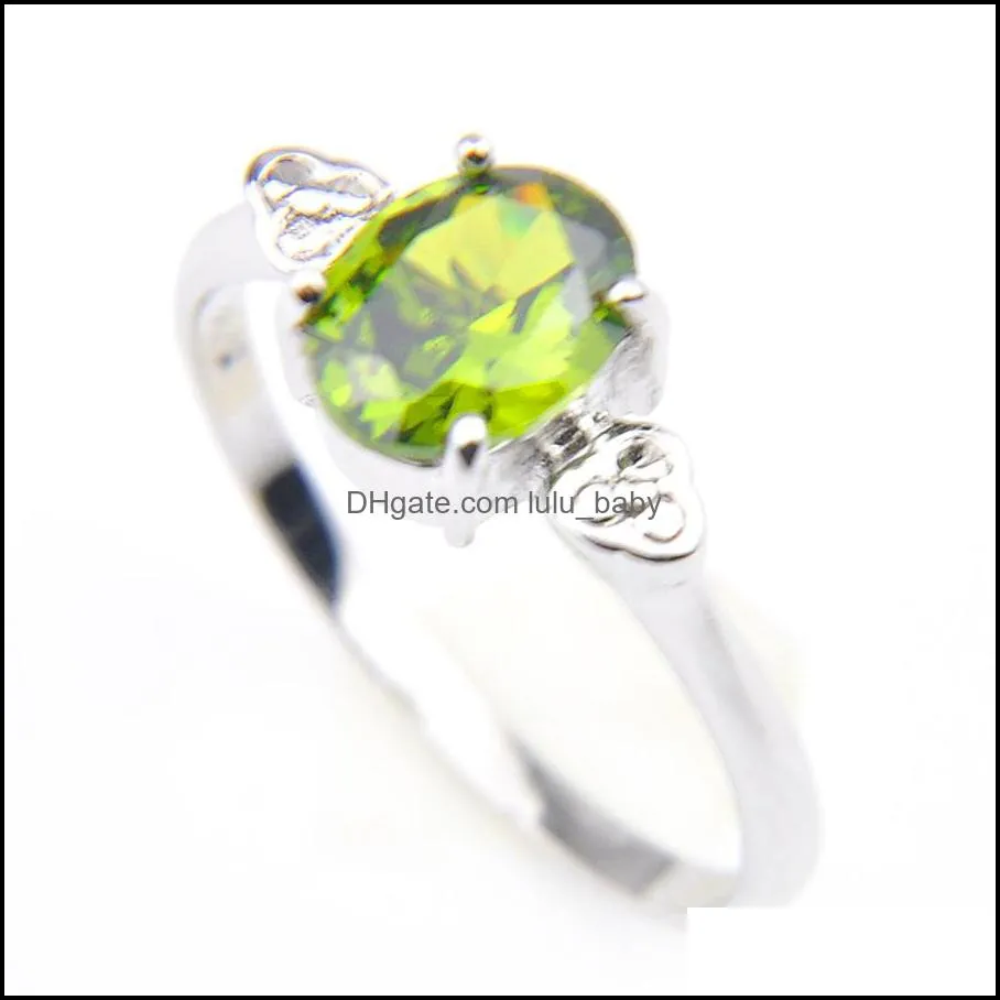 Solitaire Gems Ring Oval Green Olive Rings Women 925 sterling silver rings Christmas Gift Jewelry