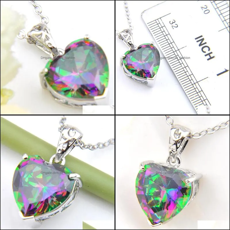 6Pcs/Lot Classic Jewelry Fire Mystic Topaz Gems Silves Rainbow Heart Pendants For Women Cz Zircon Necklaces Pendants With