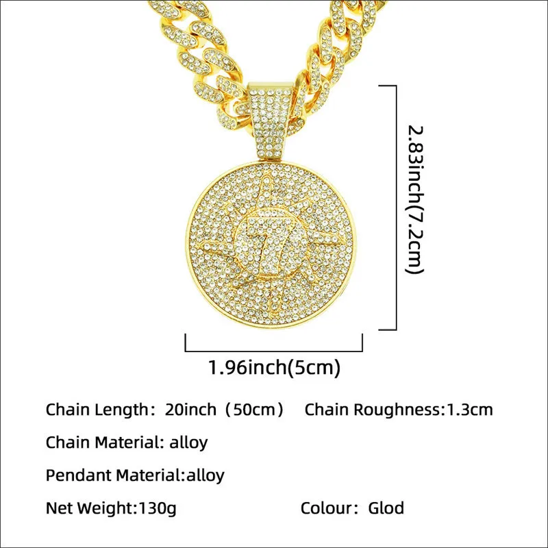 Pendant Necklaces Hip Hop Crystal Lucky Number 7 Pendant With Big Cuban Chain Choker Necklace For Men Women Iced Out Coin Jewelry 220909