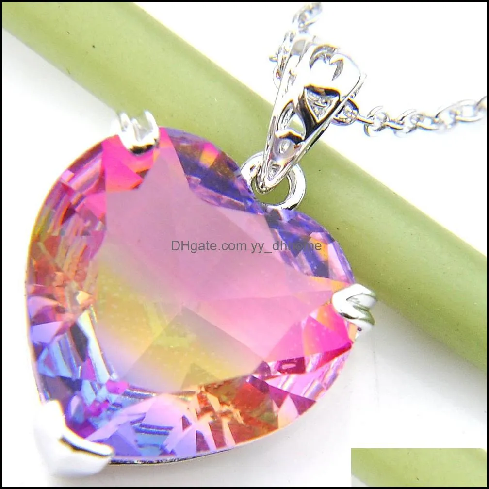 Luckhyshine Vintage Shiny Colorful Heart Bi colored Tourmaline Gems 925 Sterling Silver Necklace Women Wedding Engagement Pendants