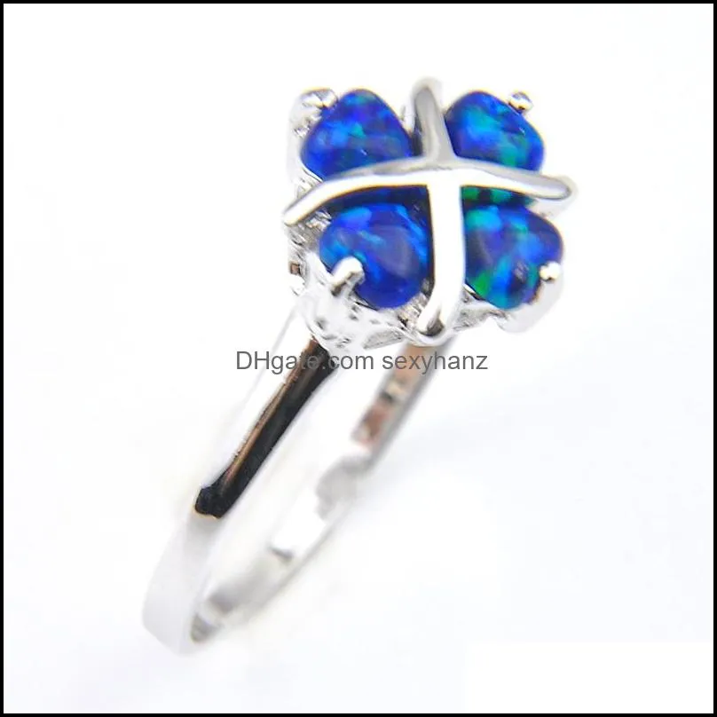 6 Pcs Heart Blue Opal Gemstone 925 Sterling Silver Rings Women`s Four Leaf Clover Opal Rings Jewlry