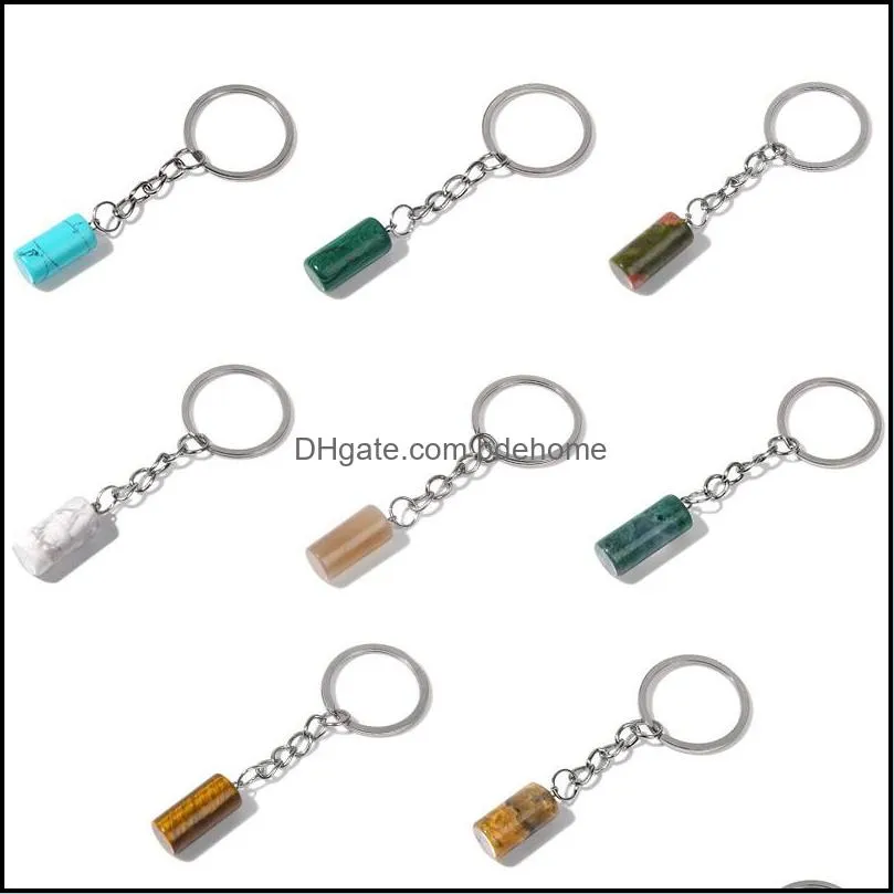 Cylinder Natural Stone Keychain Agates Pendant Key Ring For Women Men Car Key Holder Handbag Hangle Accessories Jewelry