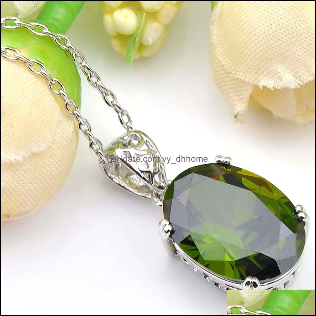 Fashion 6 Sets/Lot Oval Crystal Olive green Cubic Zirconia Gems 925 Silver Pendants Necklace Earring Weddings Jewelry Sets