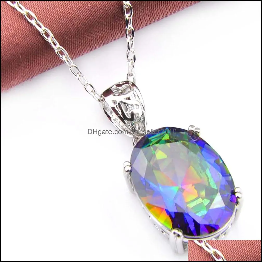 6Pcs/Lot Holiday gift Oval Rainbow Blue Mystical Topaz Gemstone 925s Silver Necklaces Cz Pendants Jewelry Unisex