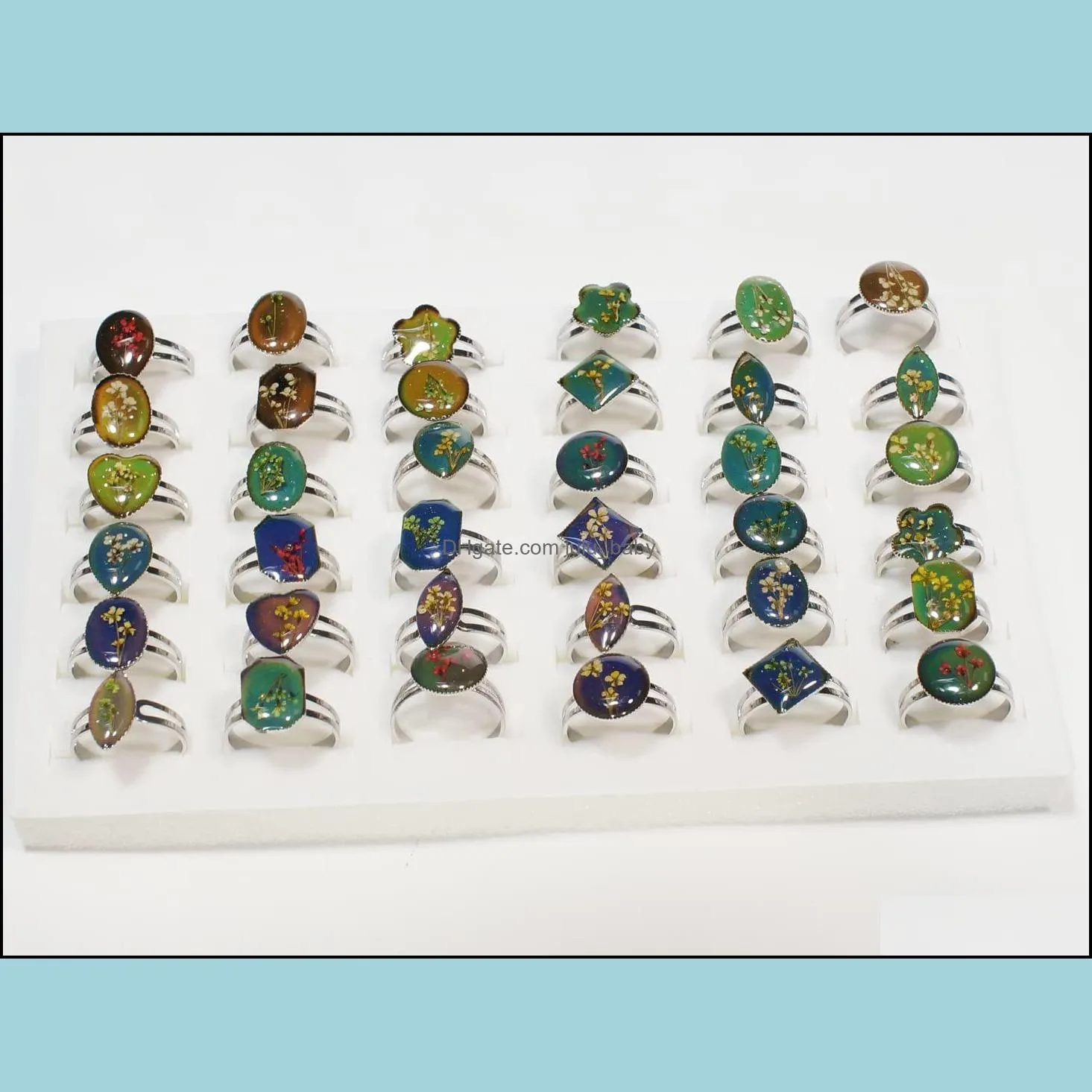 Band Plant Dried Flower Cut Mood Rings 36 Pieces/Lot with Jewelry Box Bulk Crystal Jewelry Wholesale