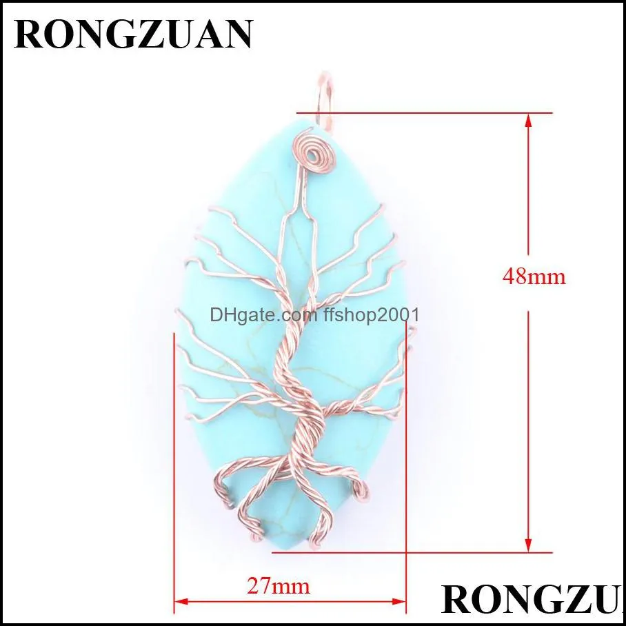 Natural Gemstone Tree of Life Pendants Rose Gold Copper Wire Wrap Marquise Shape Stone Beads Jewelry Turquoises Purple Crystal Wholesale