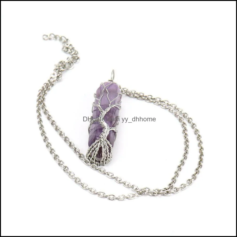 Natural Hexagonal Crystal Pendant Necklace for Women Reiki Healing Chakra Wire Wrapped Gemstone Quartz Stone