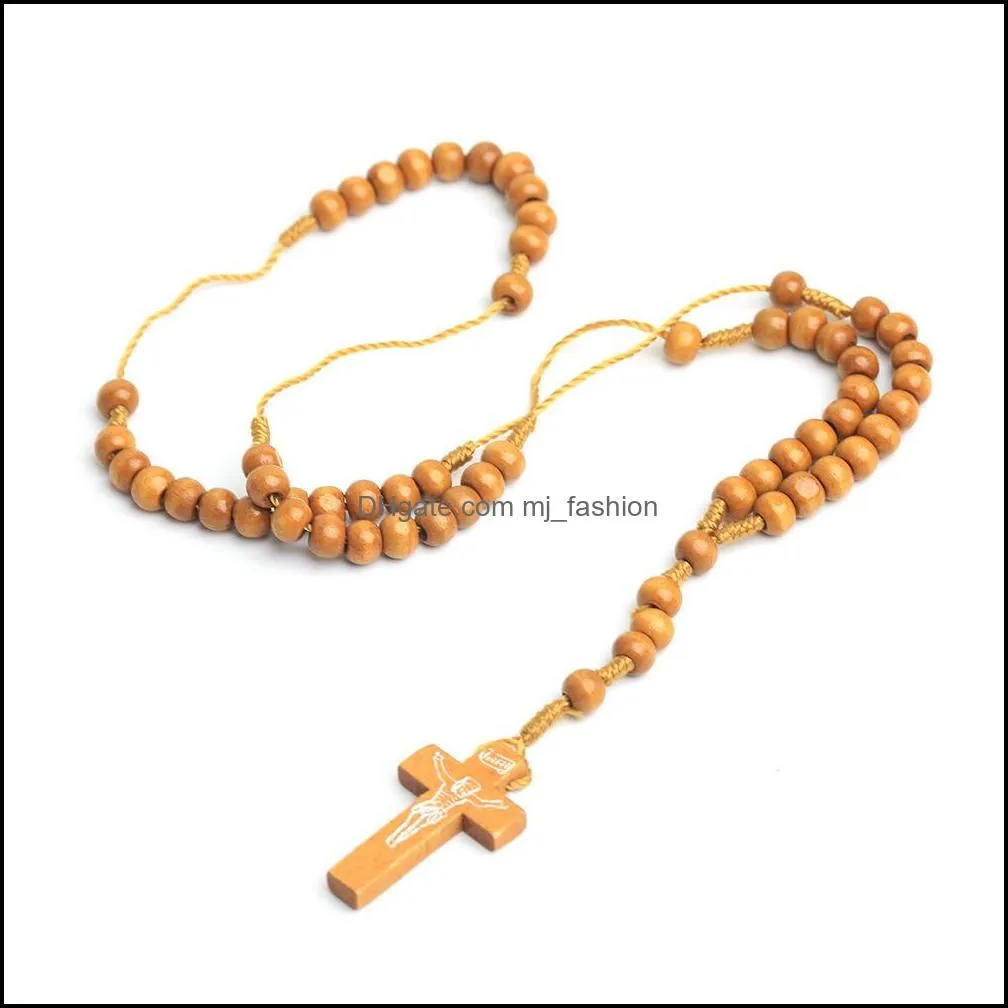 Handmade Jewelry Wholesale Natural pine BEADS HANDMADE Cross Necklace Rosary Catholic jewelry