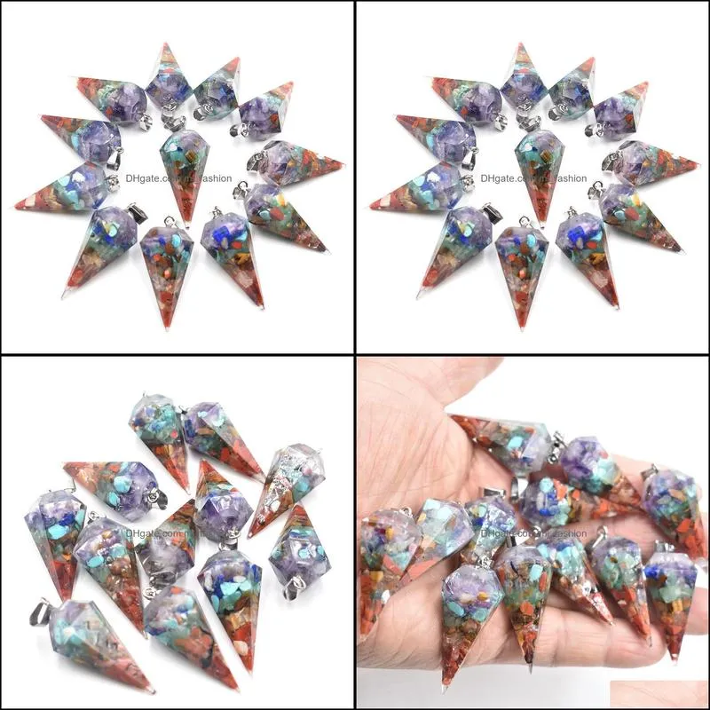 7 Chakras Resin Hexagon Pointed Cone Charms Pendant Pendulum For DIY Jewelry Making Necklaces wholesale