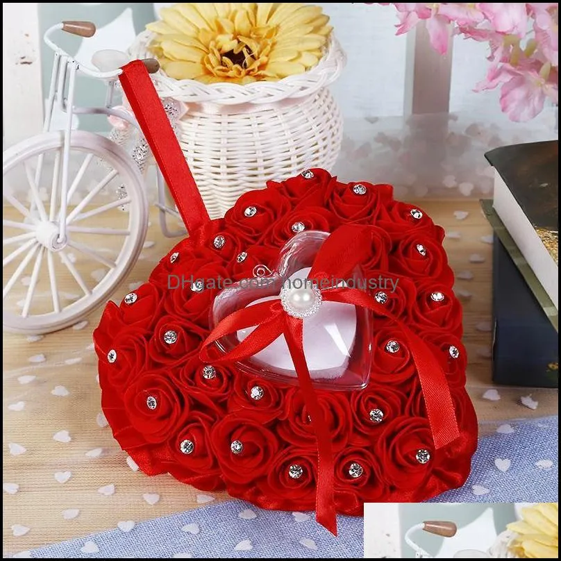 party decoration rose flower heart-shape ring box pearl rhinestone jewelry gift case romantic valentine`s day wedding pillow cushion