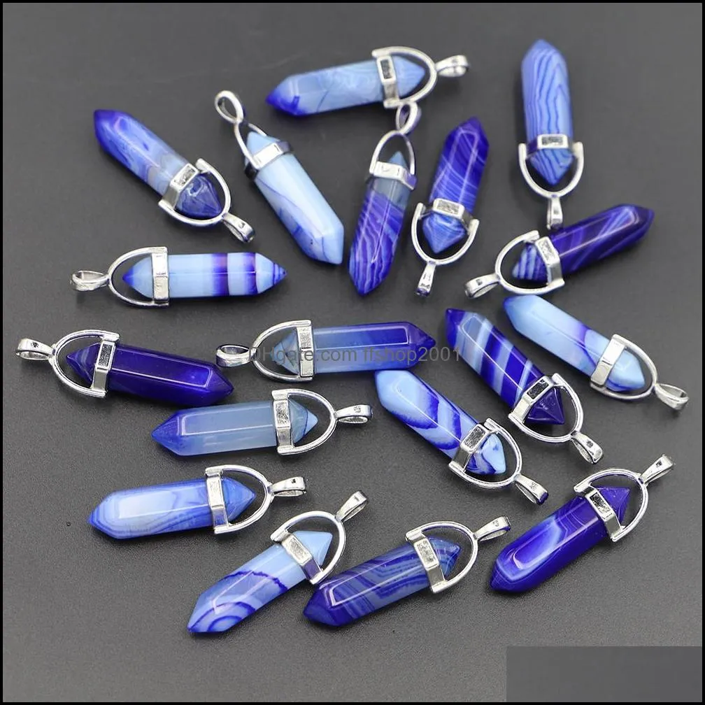 Natural Stone Blue Stripe Agate Hexagonal Column Pillar Charms Pendants Diy Jewelry Making Accessories New Design for Necklaces