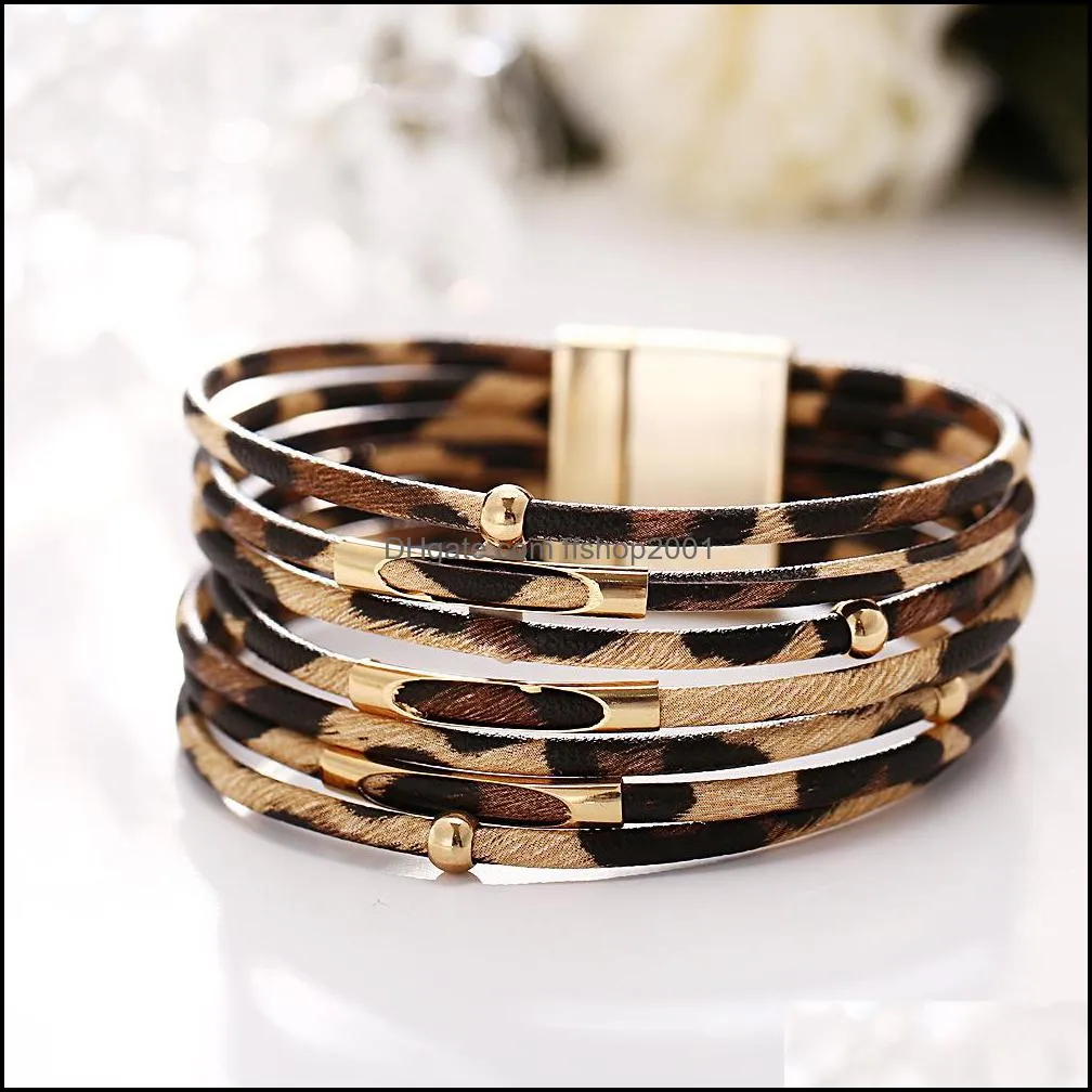 Womens Ancient Leopard Print Gold Metal magnetic buckle Cuff Bangle European Americam Fashion Leather Bracelet Jewelry Wholesale
