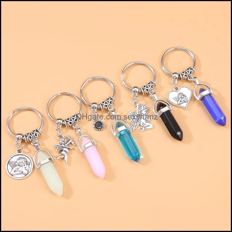 Crystal Keychains Hexagon Stone Point Pendant Angel Charm Keychains Bulk Wholesale Yoga Gifts for Women