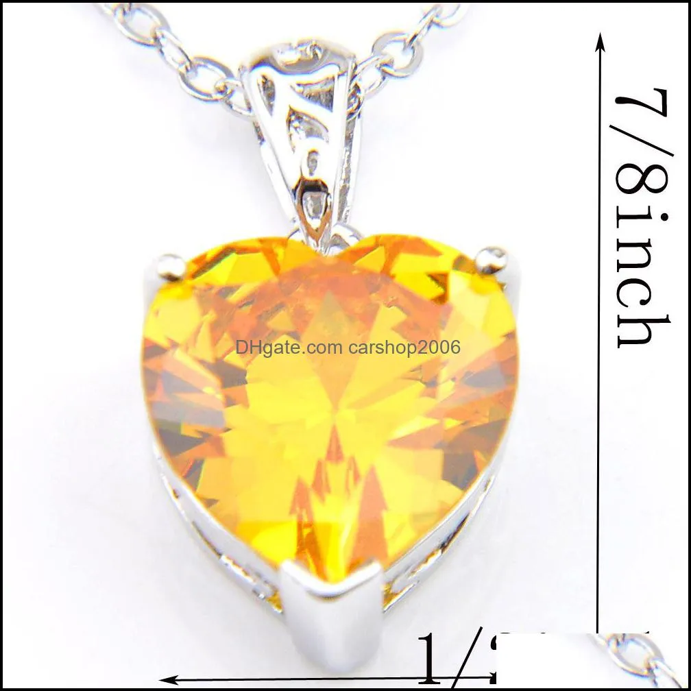 6Pcs 1Lot Sweet Shiny Yellow Crystal Heart Cubic Zirconia Gemstone 925 Sterling Silver Women Wedding Necklaces Pendant