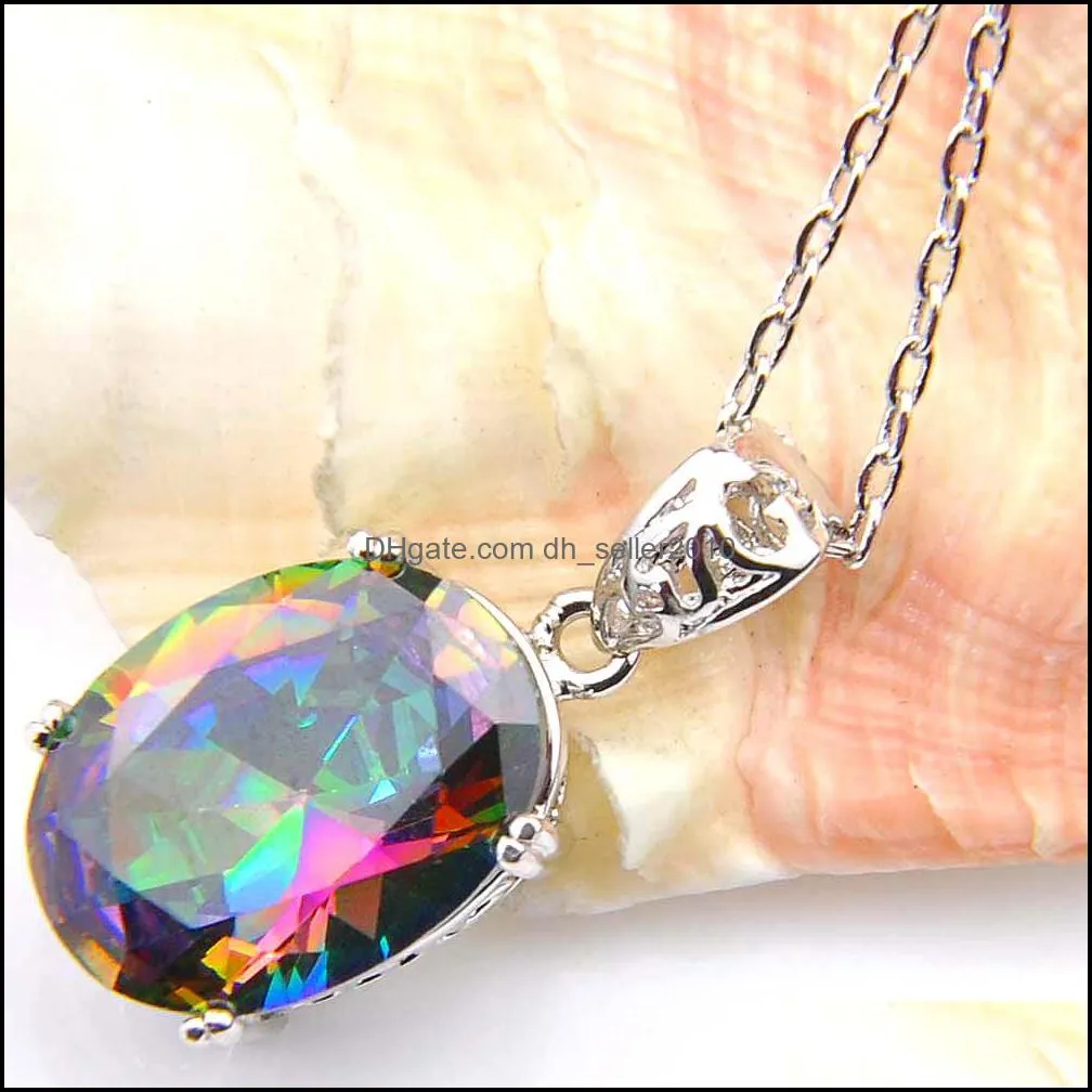 6Pcs/Lot handmade Natural Oval Rainbow Mystical Topaz Gems Pendants Romantic Valentine`s Gift Silver Pendant Necklaces For