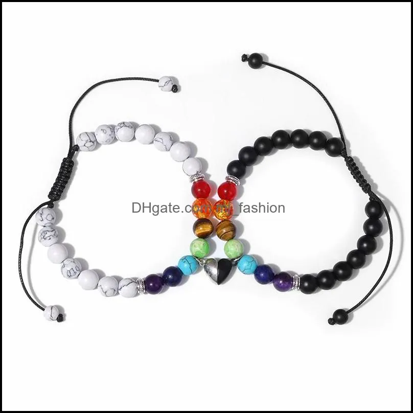 Fashion Couple Magnet Heart Charm Strand Bracelet 7 Chakra Natural Stone Bracelets Handmade Lovers Braided Bracelets Women Men Jewelry