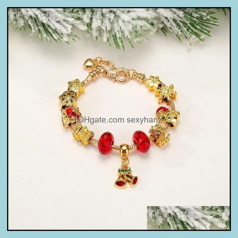 Handmade Jewelry Wholesale Charm Bracelets European Style DIY Large Hole Gold Bracelet Christmas Gifts For Women Bell Pendant Red Crystal 3D Star