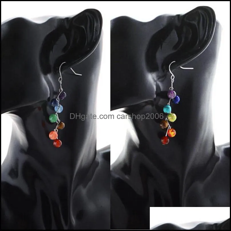 Natural Rock Yoga Healing 7 Chakras Earrings Colorful Woman Earring Fashion 6mm Stone Bent Needle Shape Ladies Earrings Accessories