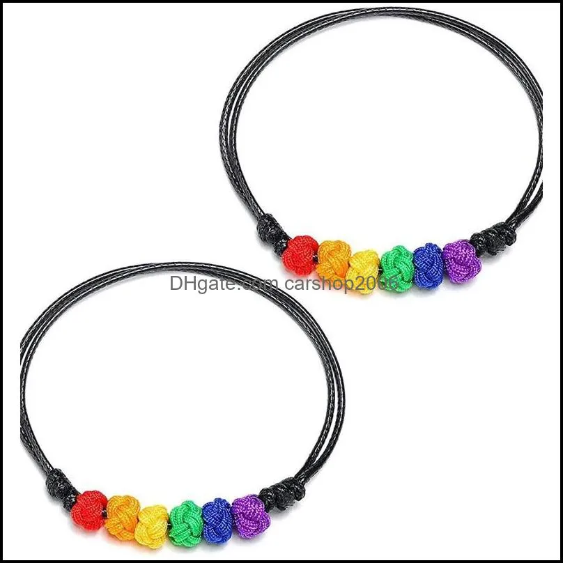 Gay Lesbian LGBT Pride Rope Bracelet with Rainbow Knot Beaded Accessory Wristband Adjustable Men Women Unisex Gift