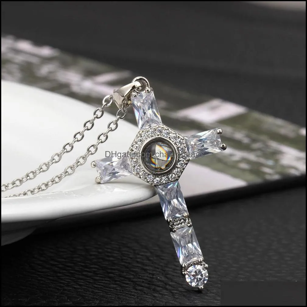 S371 Fashion Jewelry Ornaments Projection Necklace diamond Pendants Words Cross Pendant Necklaces