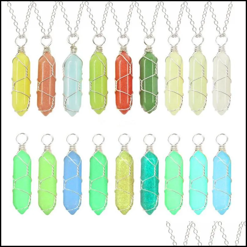 Wholesale Highlight Color Luminous Stone Hexagon Charms Pendant Necklaces Trendy Silver Golden Wire Wrap Pendants Collars for Women