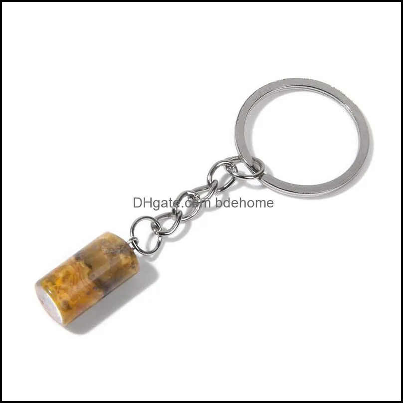 Cylinder Natural Stone Keychain Agates Pendant Key Ring For Women Men Car Key Holder Handbag Hangle Accessories Jewelry