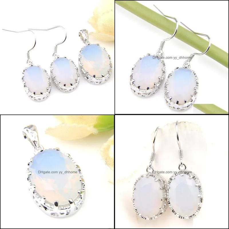 Classic Oval Shaped Genuine Retro White Moonstone Gemstone Silver Women`s Gorgeous Earrings Pendants Jewelry Sets 2 Pieces 1