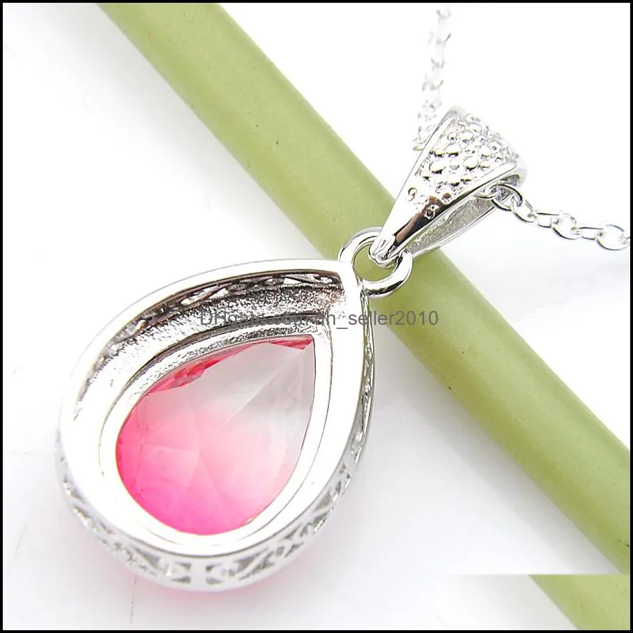 Wholesale 12 Pcs/Lot multi-color Bi colored Tourmaline Water Drop Vintage Silver Gems Pendants 925 sterling silver Necklace For Women