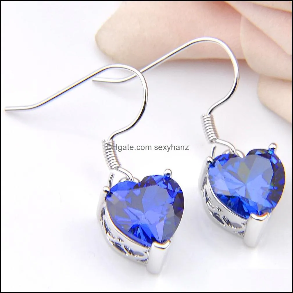 6 Sets Blue Topaz Cubic Zirconia Gems 925 Silver Heart Pendants Necklace Earring Wedding Engagement Weddings Jewelry Sets