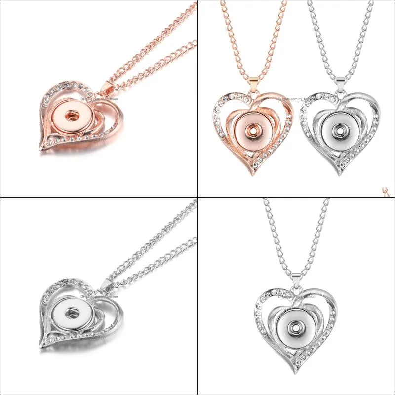 Snap Button Jewelry Rhinestone Silver Rose Gold Heart shape Pendant Fit 18mm Snaps Buttons Necklace for Women Men Noosa