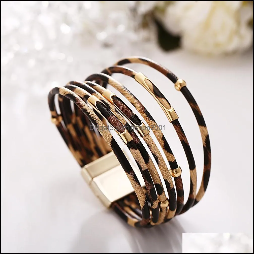 Womens Ancient Leopard Print Gold Metal magnetic buckle Cuff Bangle European Americam Fashion Leather Bracelet Jewelry Wholesale