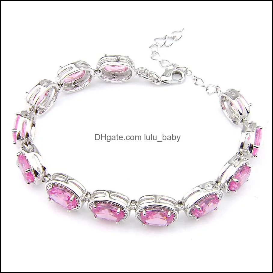 Sparking Oval Sweet Pink Kunzite Gemstone 925 Silver Tennis Bracelets for Women Xmas Gifts 8` inch