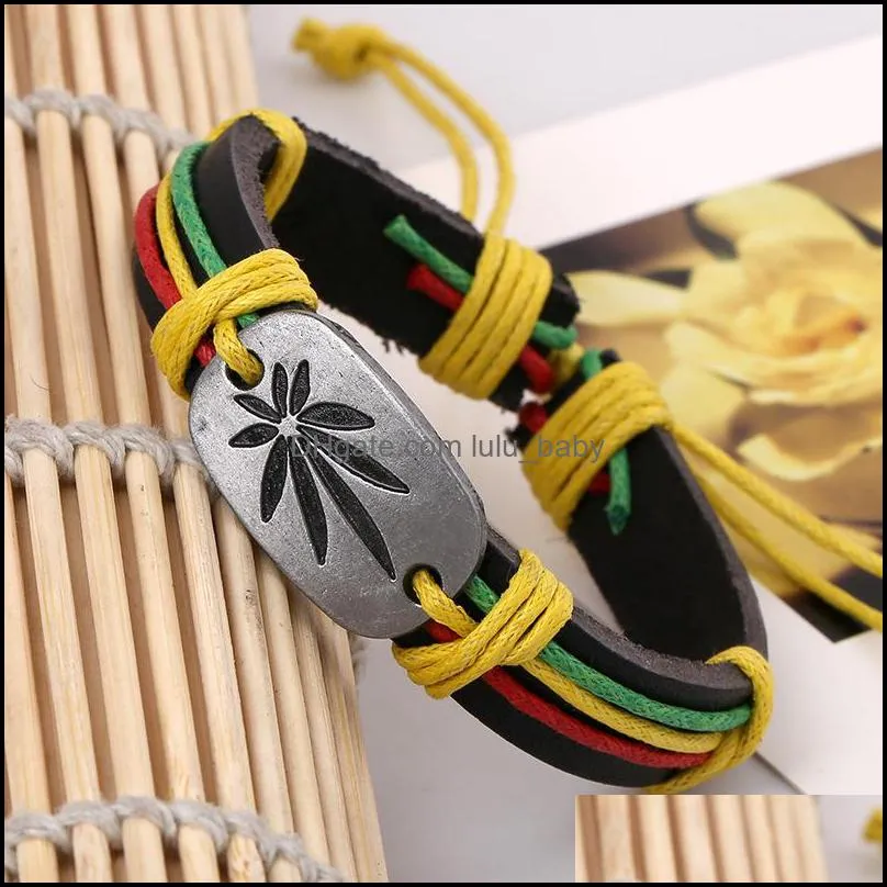 Retro Leather Bracelet Alloy Jewelry Colorful Maple Leaves Rope Bracelet Punk Jamaican Reggae Red Yellow Green Men`S Dangle Decorate