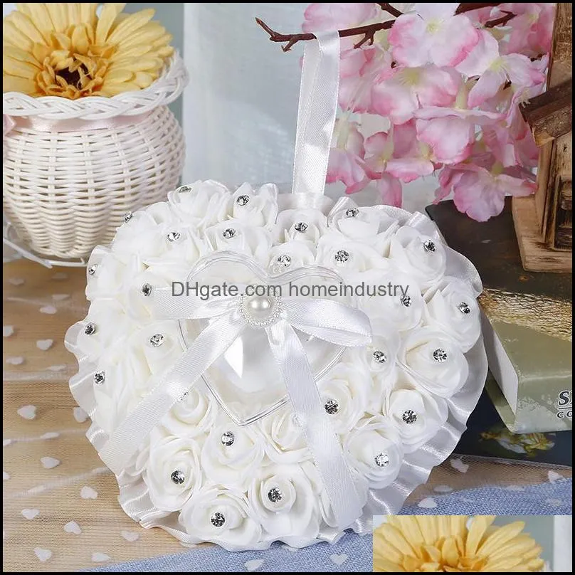 party decoration rose flower heart-shape ring box pearl rhinestone jewelry gift case romantic valentine`s day wedding pillow cushion