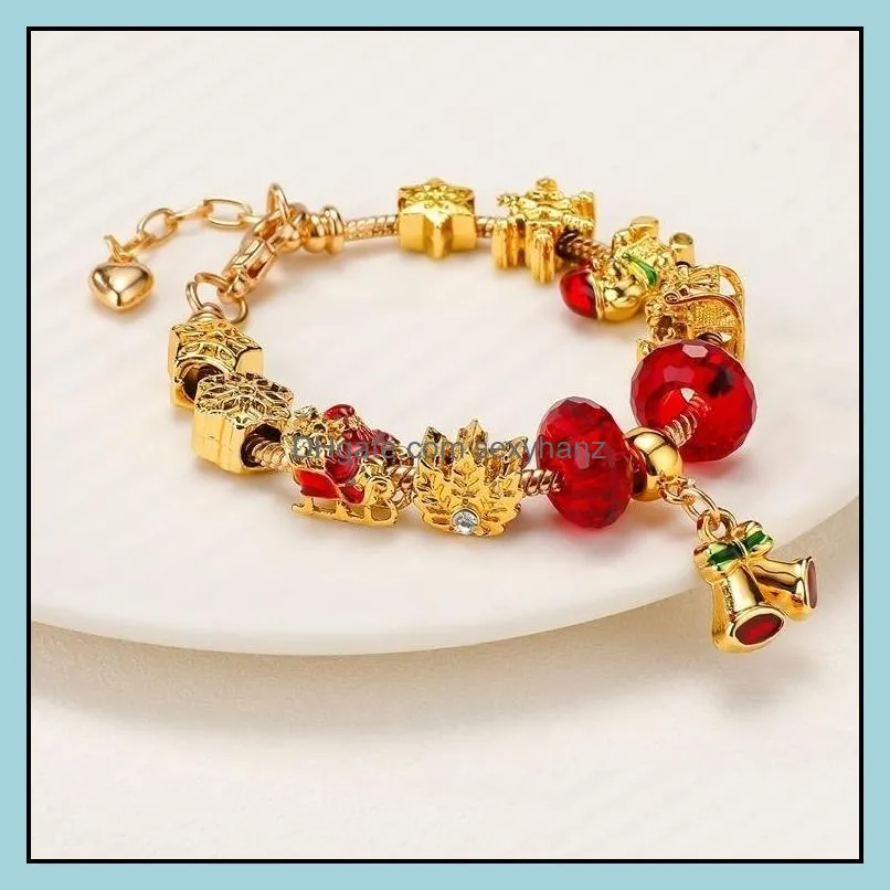 Handmade Jewelry Wholesale Charm Bracelets European Style DIY Large Hole Gold Bracelet Christmas Gifts For Women Bell Pendant Red Crystal 3D Star