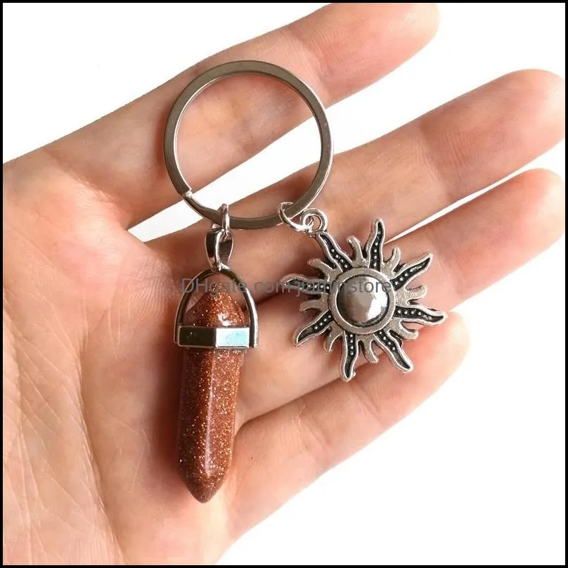 Alloy Sun Sunshine Natural Stone Hexagonal Column Couple Keychain Women Rose Quartz Key Chains Trinket Wedding Party Lovers Gift