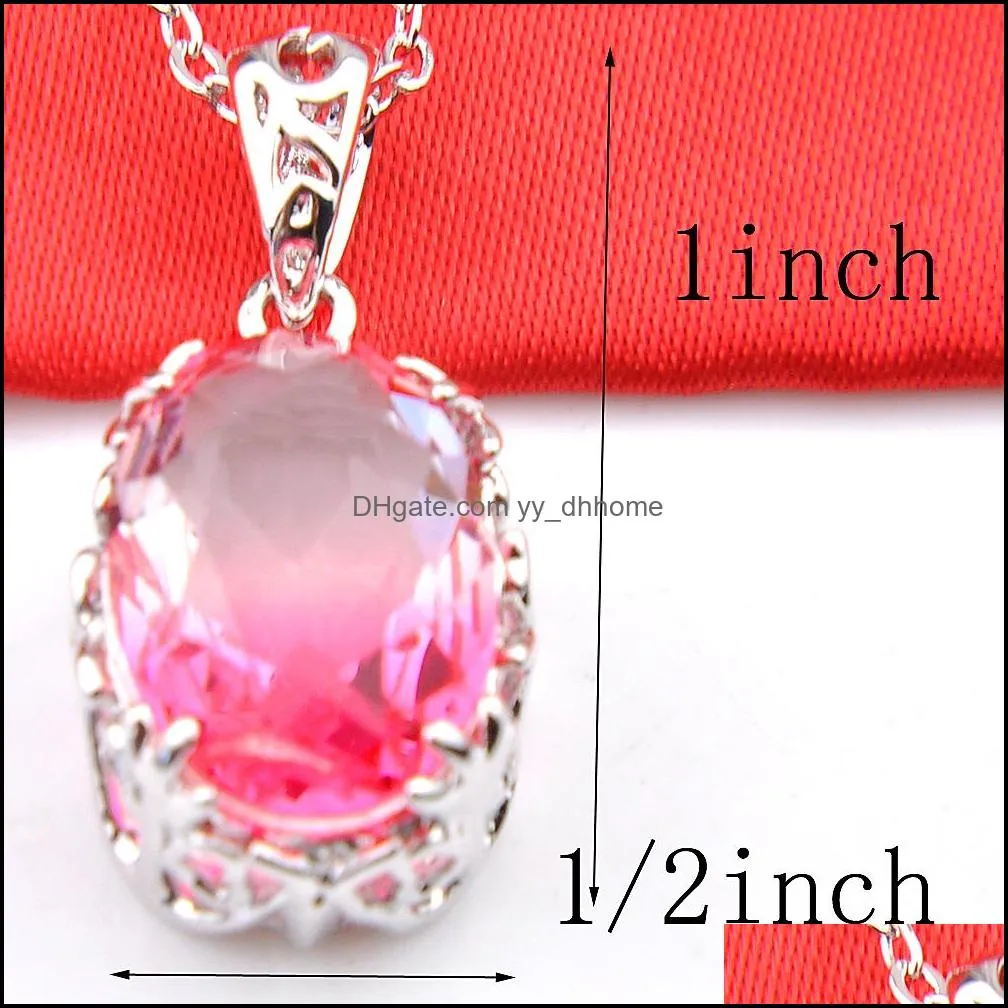 12Pcs/Lot Vintage Mix Color Ellipse Bi colored Tourmaline 925 Silver Necklace Women Fashion Cz Pendant Sets-Free Ship