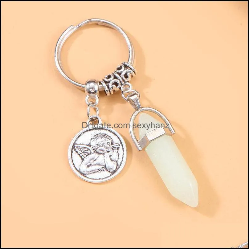 Crystal Keychains Hexagon Stone Point Pendant Angel Charm Keychains Bulk Wholesale Yoga Gifts for Women